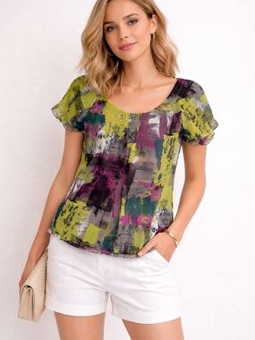 Cleo Petite Abstract Brushstroke Scoop Neck Womens Top MultiColor Chiffon Medium